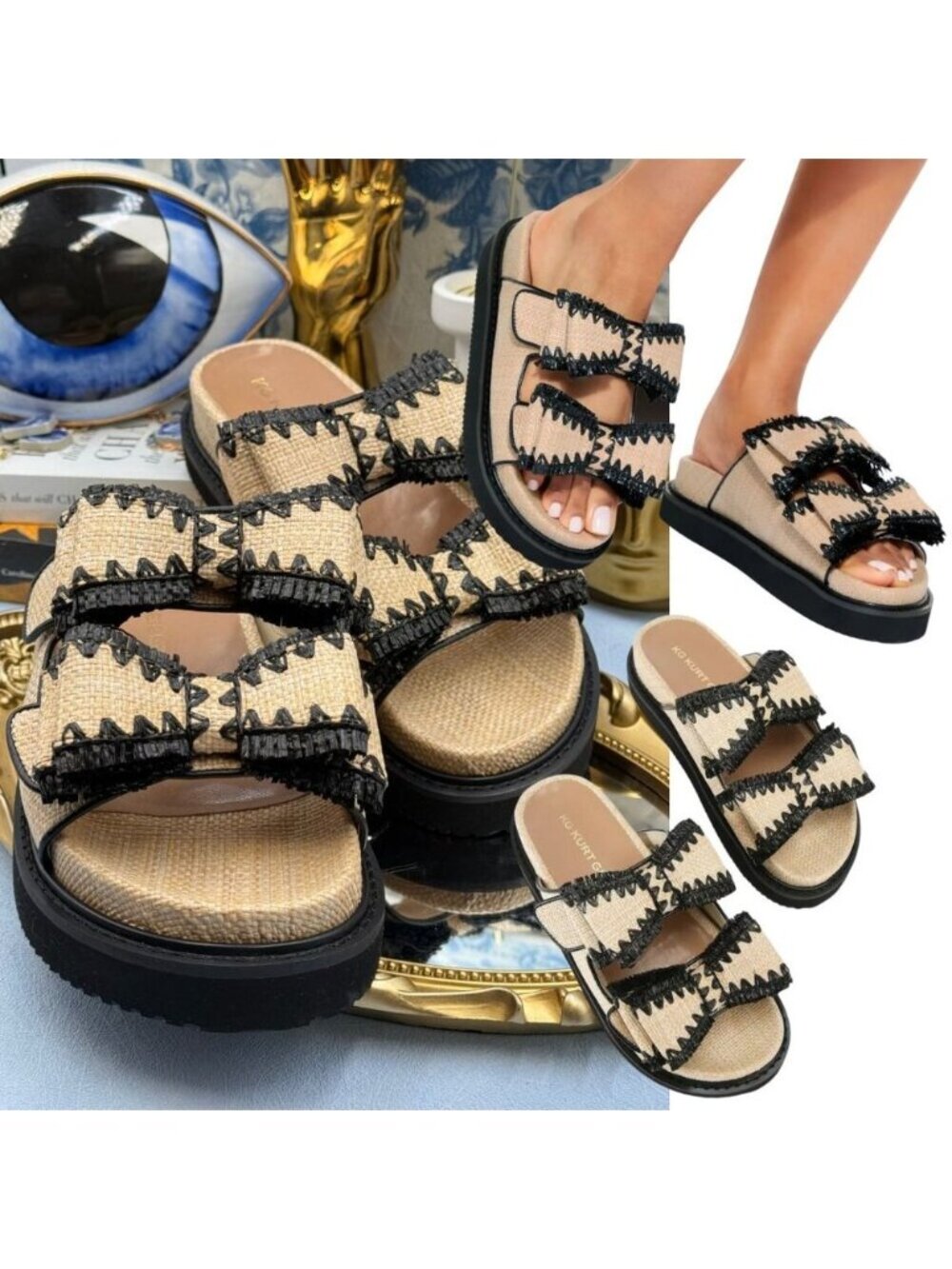 🆕 KG KURT GEIGER 🧿 NWOB Robbie Bow-Embellished Raffia Sandals, Black Sz US 8.5